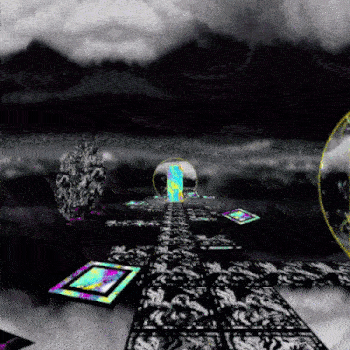 An animated gif of a walkway in a cloudy space with rainbow-colored doors, cutting to two dancing flower-shaped friends in an overgrown city-like place. An amalgamate figure dances within a set of floating tiles in a colorful vortex. A star-shaped creature with five eyes and an incomprehensible face twists its shell, gates behind it following its movements. 