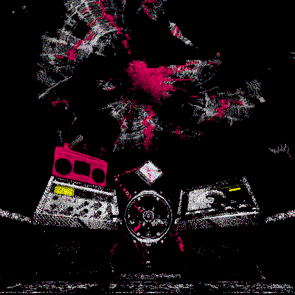 An animated gif of an archaic sailboat steering wheel between two computer terminals, one with a red radio atop it, beneath a partially obscured swirling vortex. A crimson mass glitches in front of its center.