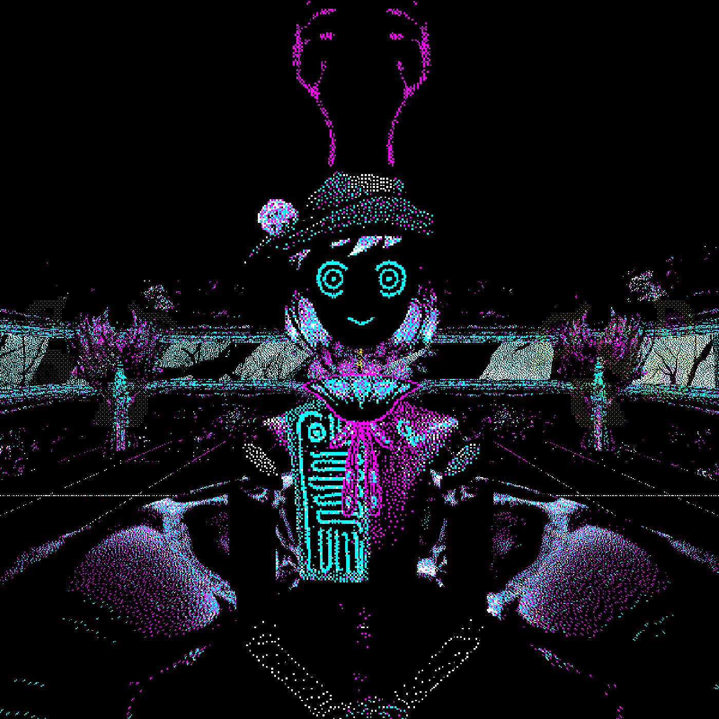 A smiling alien golem in an empty lobby.