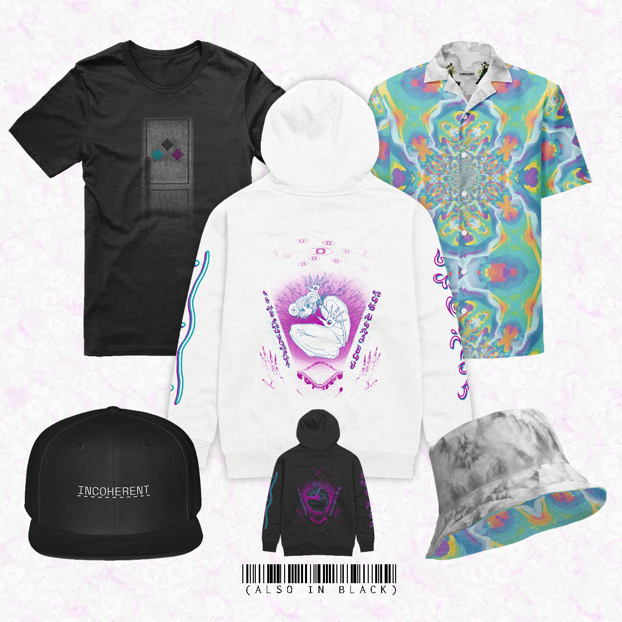a black shirt with the corru.observer door, a psychadelic button shirt with teh unity pattern, a cool white hoodie (also in black) with a design of akizet, a black cap with incoherent on it, and a cloud/unity design bucket hat