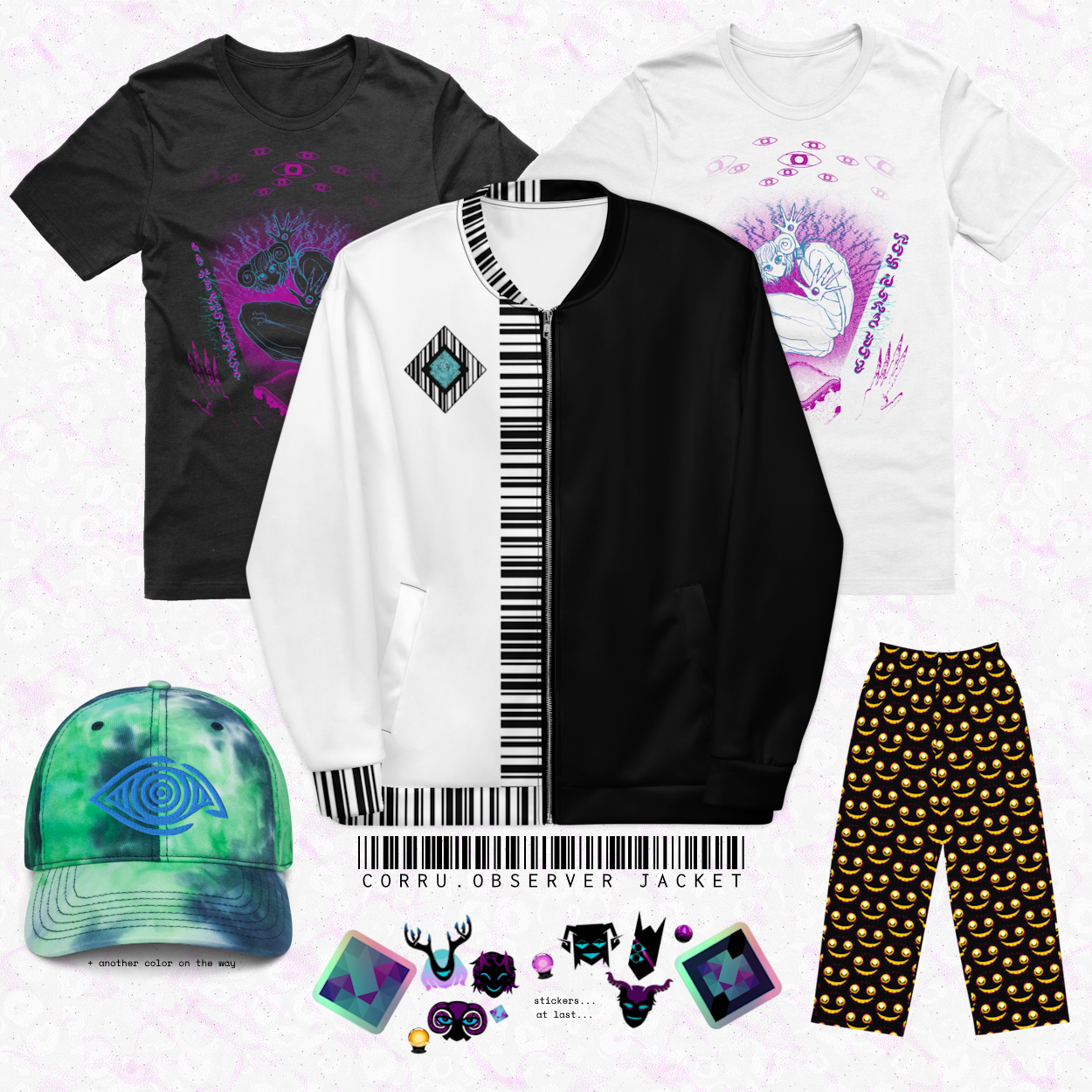 merch spread featuring black and white short sleeve tees with an illustration of akizet, a shiny black/white split jacket with a barcode and menu logo, a tie-dye hat with an eye, pajama pants covered in BSTRD's smiling face, and various characters or game sprites now as stickers!