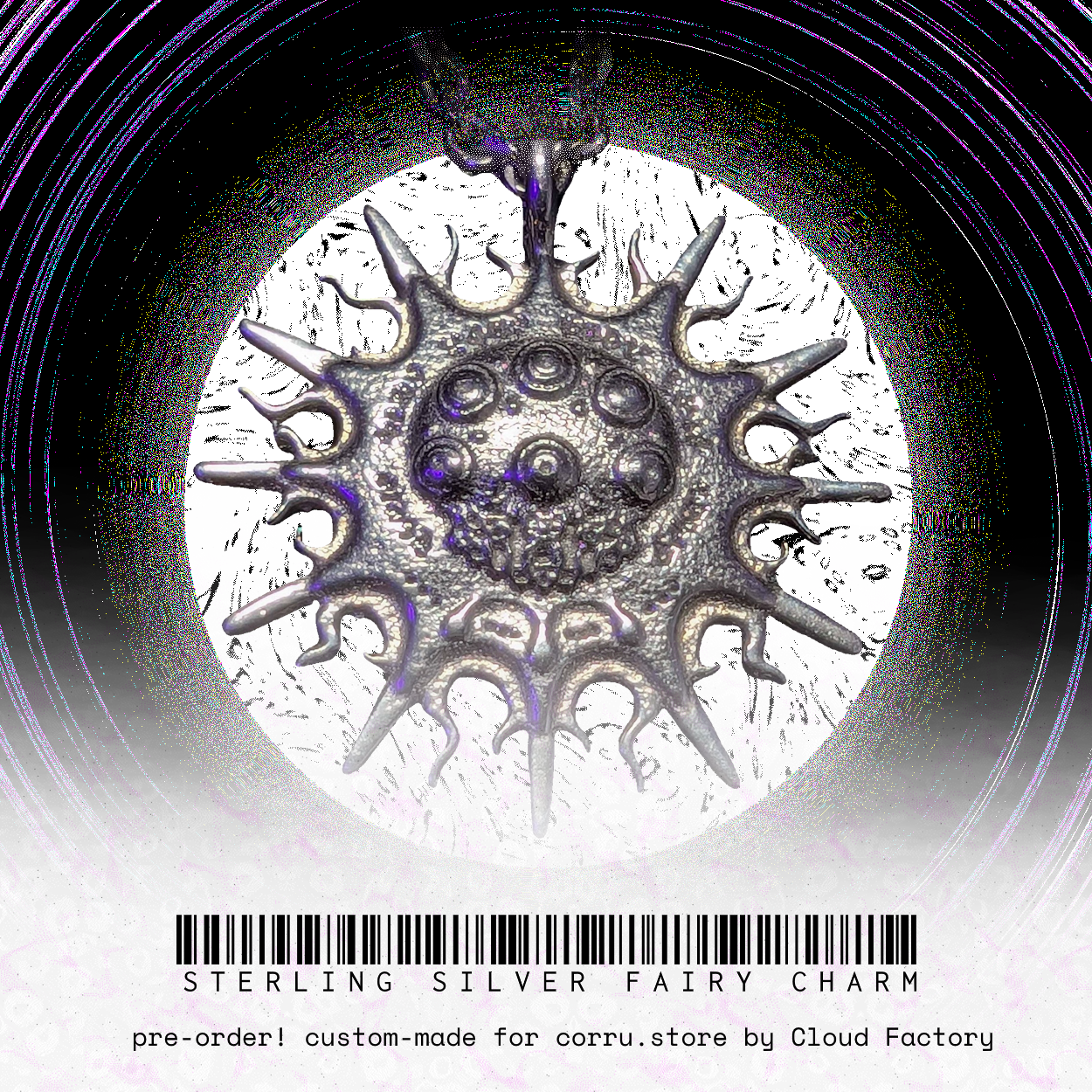 an ornate star/sun-like shape with five eyes and an indistinct engraving made of silver, floating in front of a white vortex. the text reads 'Sterling Silver Fairy Charm - Pre-order! Custom-made for corru.store by Cloud Factory'