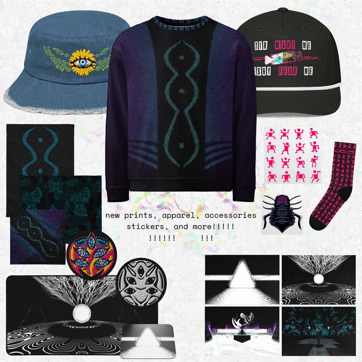 merch spread featuring a denim hat with a yellow flower with an inset eye, a long-sleeve pajama shirt textured with the mark of oltazni, a black hat displaying 'tir want me, fshy fear me', oltazni and gakvu patterns on flags/bandanas/blanket, stickers with little dancing guys and a big bug thing, socks with the same little dancing guys, two patches with distinct but eerily similar five-eyed figures, a deskmat and mousepad featuring the groundsmindry core and the gate to the ceremony, and four prints featuring the same imagery plus the entry area for the groundsmindry segment and the underwater/jellyfish kazki interaction. the text in the center reads 'new pritns, apparel, accessories, stickerss, and more!' with an excessive number of exclamation marks