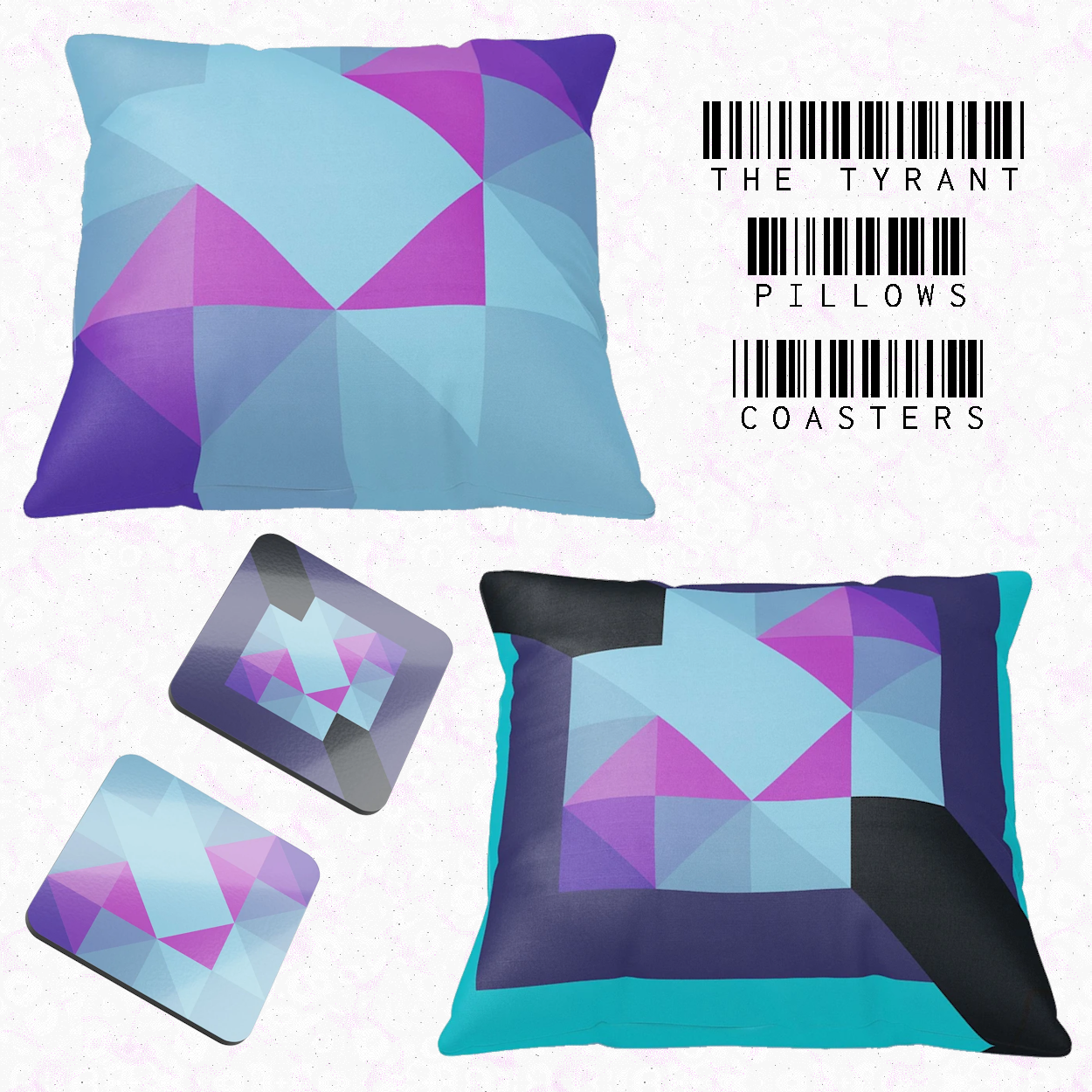 pillows and coasters with the funfriend and proxyfriend design
