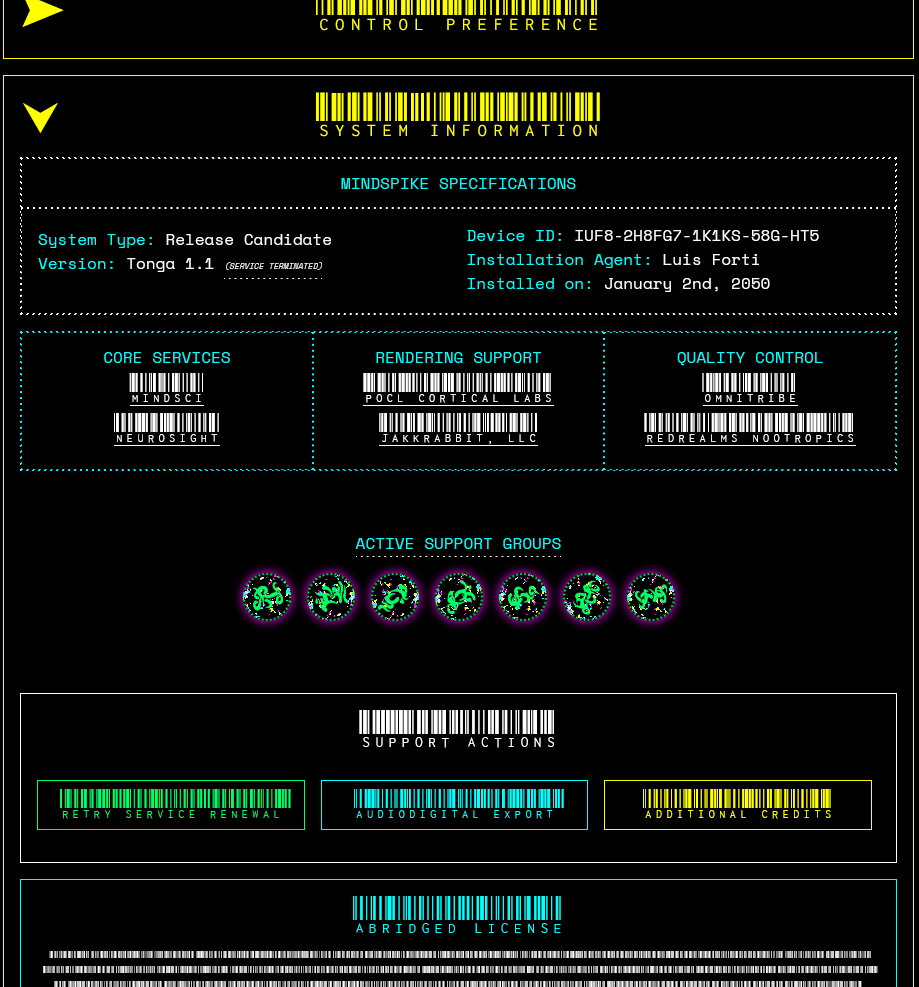 a screenshot of the system menu with a bunch of fictional system information, followed by credits (similar to above) and fundfriend glyphs